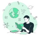 Ilustracja przedstawia chłopca czytającego książkę, otoczonego symbolami nauki – atomem, planetą, DNA, wzorami matematycznymi i chemicznymi. Obraz promuje zainteresowanie naukami ścisłymi i edukację STEAM.