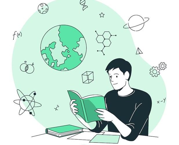 Ilustracja przedstawia chłopca czytającego książkę, otoczonego symbolami nauki – atomem, planetą, DNA, wzorami matematycznymi i chemicznymi. Obraz promuje zainteresowanie naukami ścisłymi i edukację STEAM.