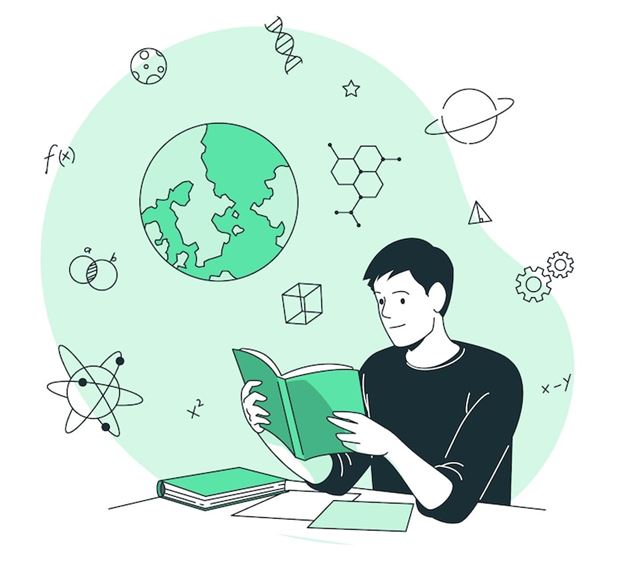 Ilustracja przedstawia chłopca czytającego książkę, otoczonego symbolami nauki – atomem, planetą, DNA, wzorami matematycznymi i chemicznymi. Obraz promuje zainteresowanie naukami ścisłymi i edukację STEAM.