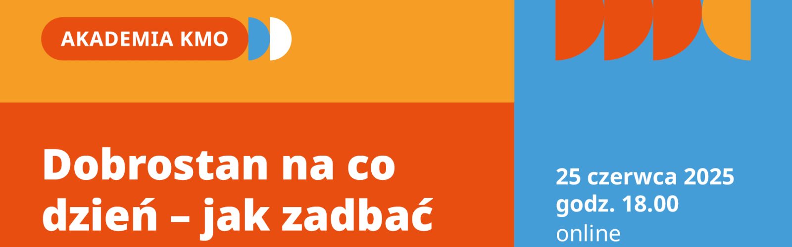 Grafika promująca wydarzenie Akademii KMO. Na górze po lewej stronie znajdują się logotypy: „Klub Młodego Odkrywcy” oraz „Centrum Nauki Kopernik – Koordynator programu”. Pod nimi czerwony przycisk z napisem „AKADEMIA KMO” i niebiesko-białymi półkolami. Poniżej, na pomarańczowym tle widnieje duży, biały napis: „Dobrostan na co dzień – jak zadbać o siebie naprawdę?” Po prawej stronie, na niebieskim tle: – Data i godzina wydarzenia: „25 czerwca 2025, godz. 18.00, online” – Prowadząca: „Poprowadzi Magda Domańska” – Obok znajdują się cztery kolorowe półkola w odcieniach czerwieni i pomarańczu, tworzące stylizowany znak graficzny.